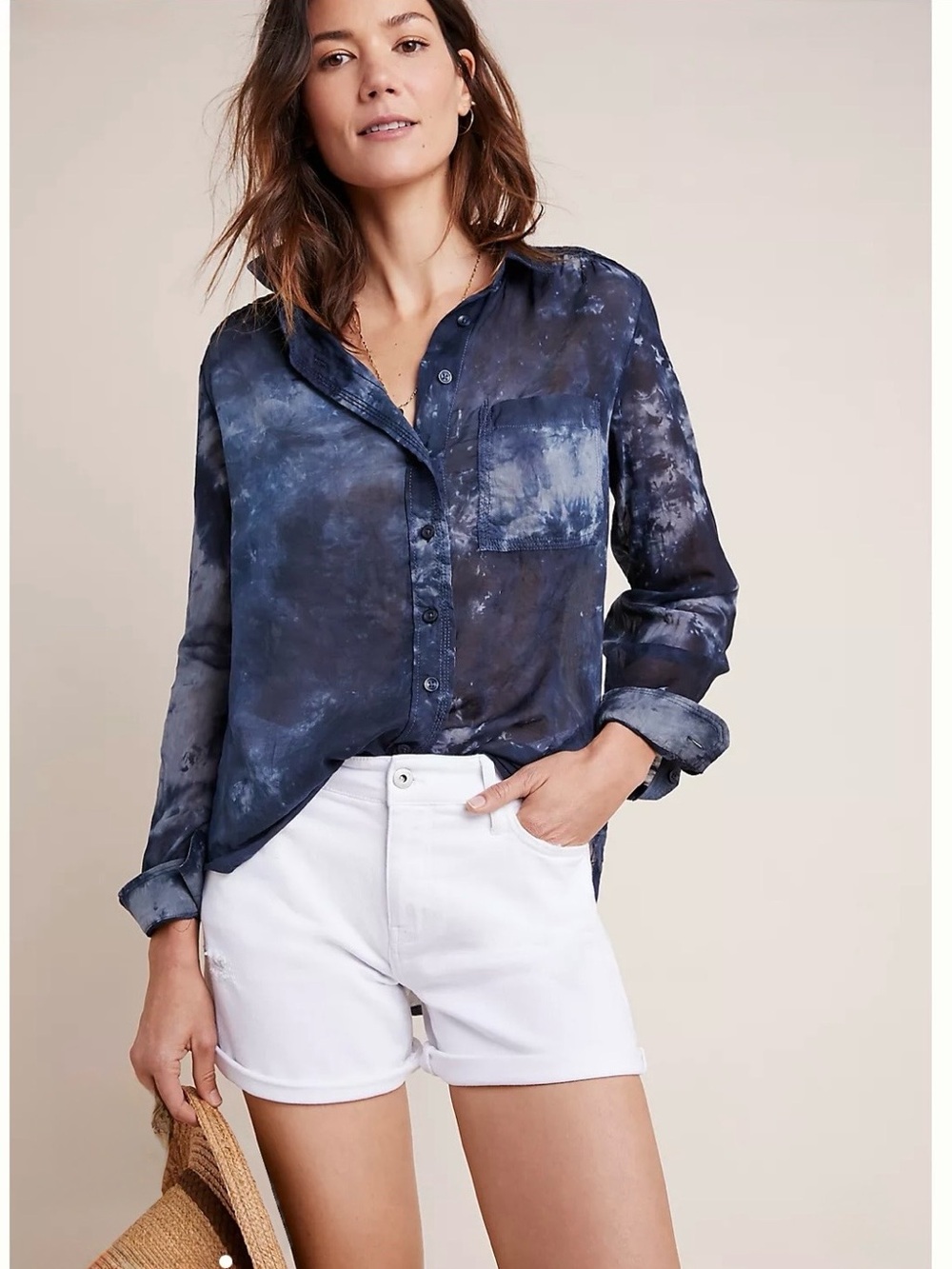 PILCRO by Anthropologie Women’s Navy Tie-Dye Button Down Shirt SZ Small